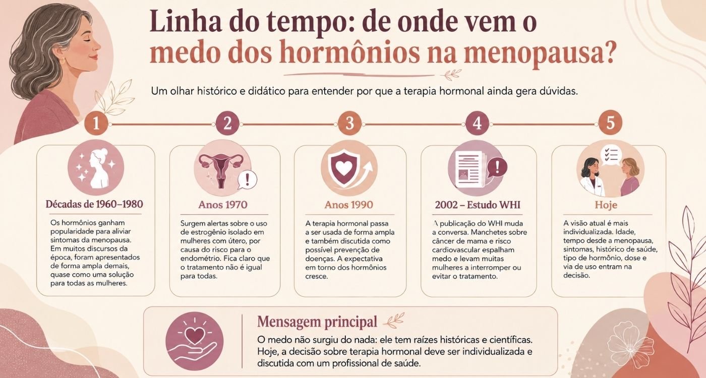 Linha do tempo visual explicando o medo de hormônios na menopausa de forma histórica e didática.