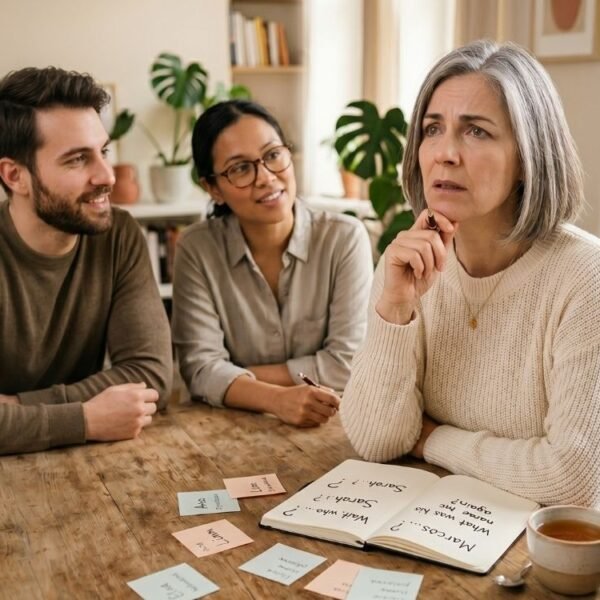 mulher de 45 - 55 anos com falha na memória verbal na menopausa, tentando lembrar o nome dos colegas de trabalho