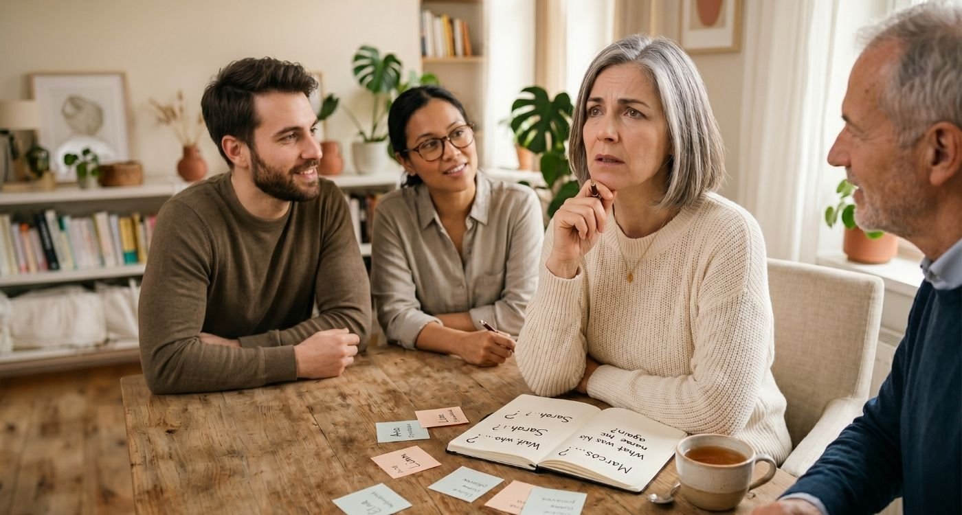 mulher de 45 - 55 anos com falha na memória verbal na menopausa, tentando lembrar o nome dos colegas de trabalho