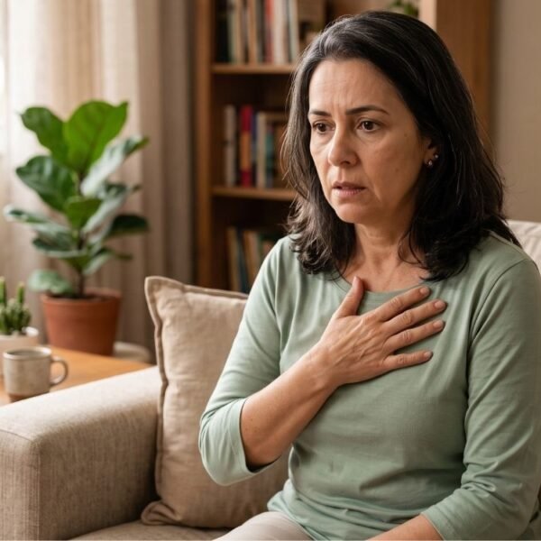 mulher de 50 anos em sua casa, assustada, com medo de estar com problemas cardiovasculares, representando menopausa e avc