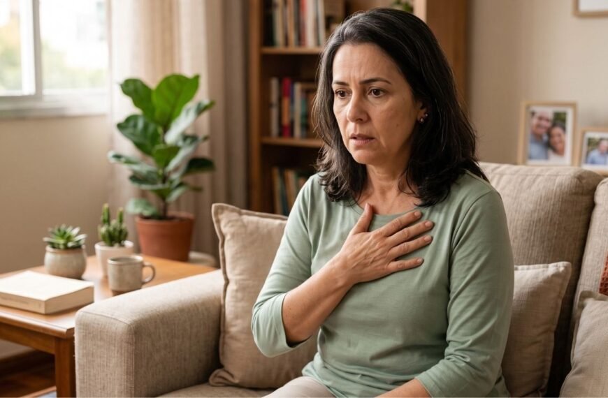 mulher de 50 anos em sua casa, assustada, com medo de estar com problemas cardiovasculares, representando menopausa e avc