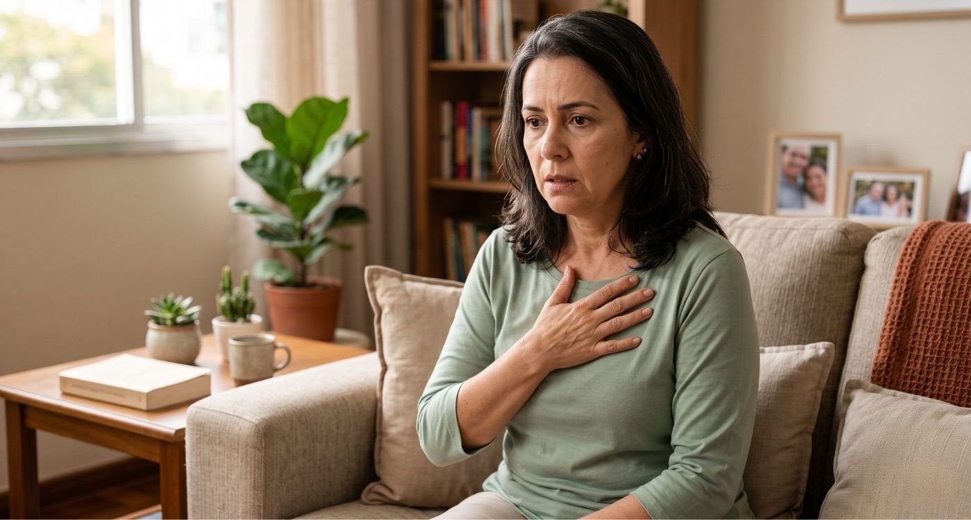 mulher de 50 anos em sua casa, assustada, com medo de estar com problemas cardiovasculares, representando menopausa e avc