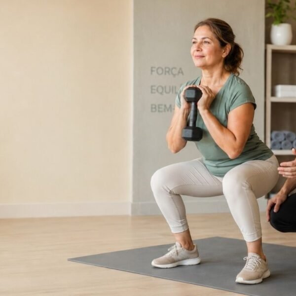 Mulher 50+ praticando menopausa e treino com orientação profissional e exercícios de força adaptados.