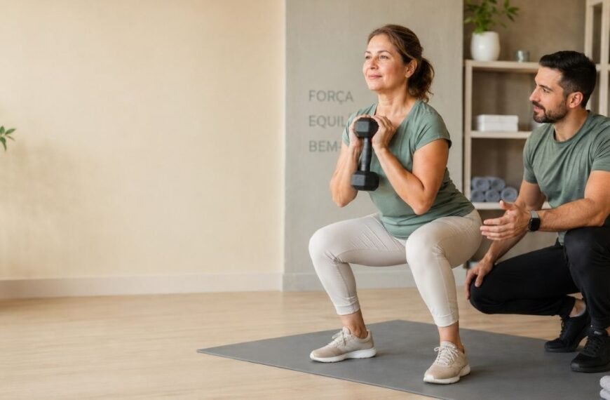 Mulher 50+ praticando menopausa e treino com orientação profissional e exercícios de força adaptados.