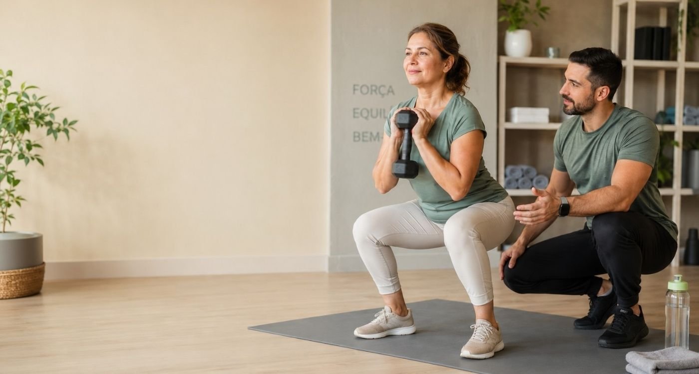 Mulher 50+ praticando menopausa e treino com orientação profissional e exercícios de força adaptados.