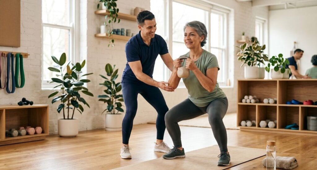 Mulher 50+ praticando menopausa e treino com orientação profissional e exercícios de força adaptados.