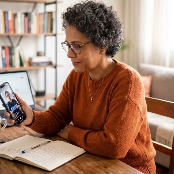 Mulher de 45 a 55 anos avaliando conteúdos sobre menopausa no TikTok pelo celular com atenção e segurança.