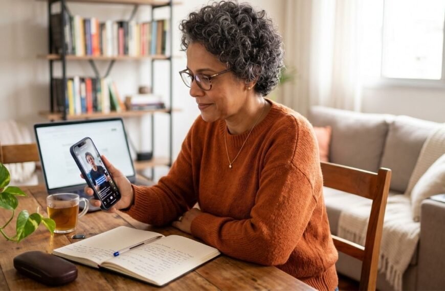 Mulher de 45 a 55 anos avaliando conteúdos sobre menopausa no TikTok pelo celular com atenção e segurança.