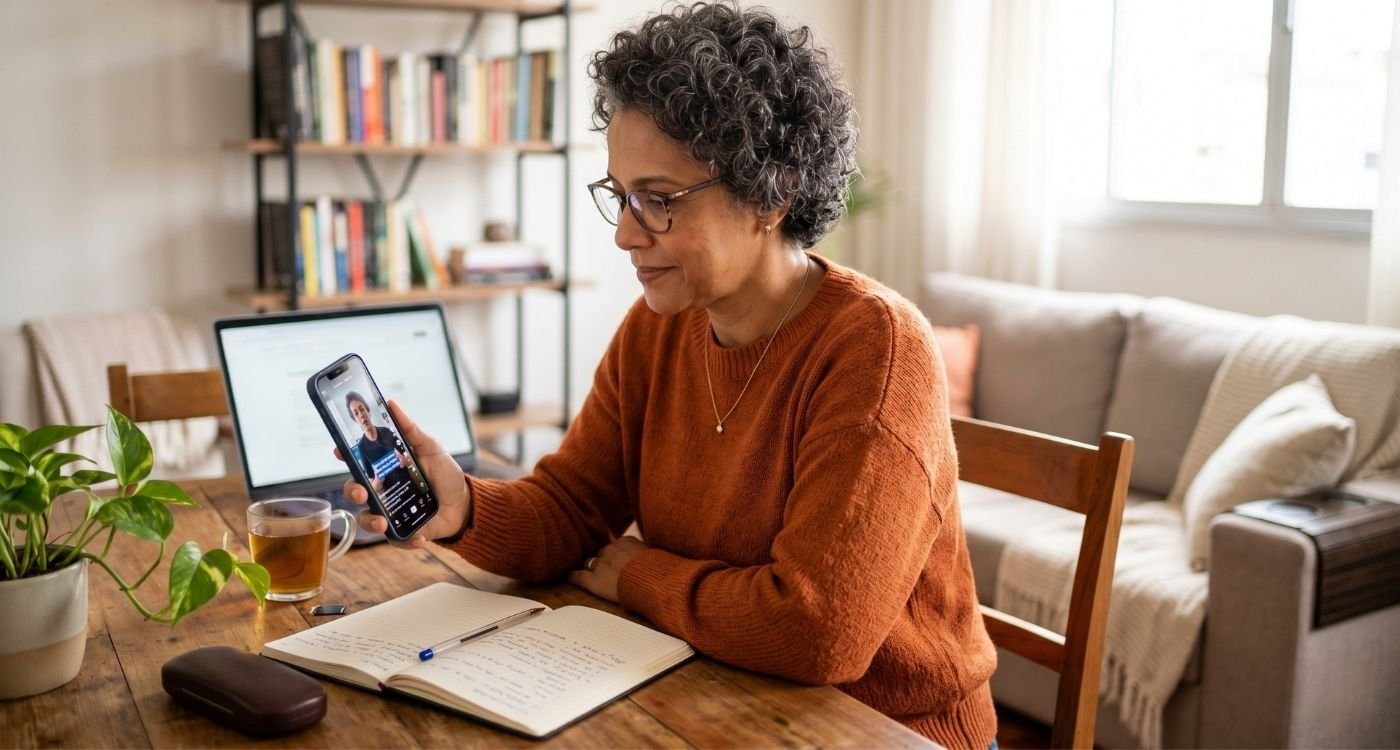 Mulher de 45 a 55 anos avaliando conteúdos sobre menopausa no TikTok pelo celular com atenção e segurança.