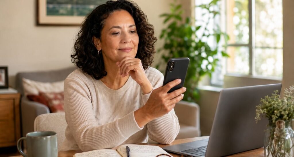 Mulher de 45 a 55 anos avaliando conteúdos sobre menopausa no TikTok pelo celular com expressão atenta e segura.