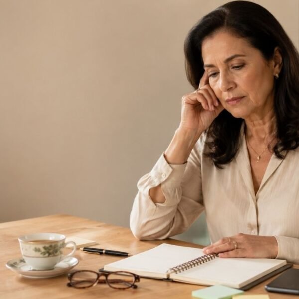 Mulher madura pensativa diante de uma agenda, representando a dúvida entre névoa mental ou demência na menopausa.
