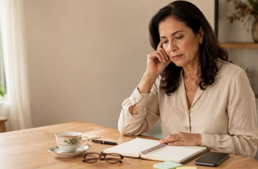 Mulher madura pensativa diante de uma agenda, representando a dúvida entre névoa mental ou demência na menopausa.