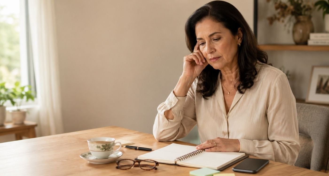 Mulher madura pensativa diante de uma agenda, representando a dúvida entre névoa mental ou demência na menopausa.