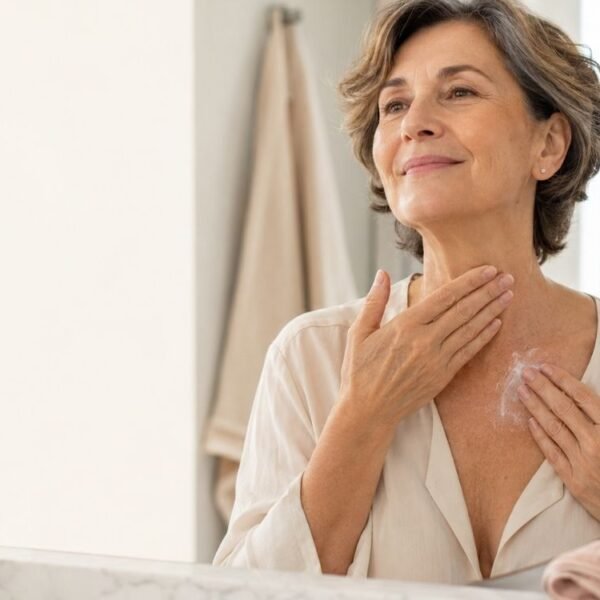 Mulher madura aplicando creme no pescoço e colo na menopausa em uma rotina de autocuidado.