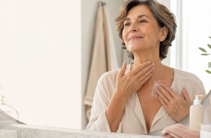 Mulher madura aplicando creme no pescoço e colo na menopausa em uma rotina de autocuidado.