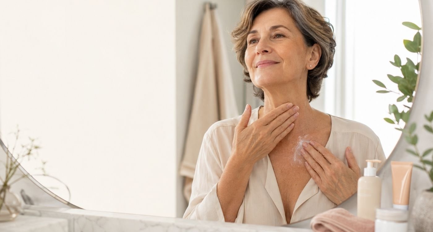 Mulher madura aplicando creme no pescoço e colo na menopausa em uma rotina de autocuidado.