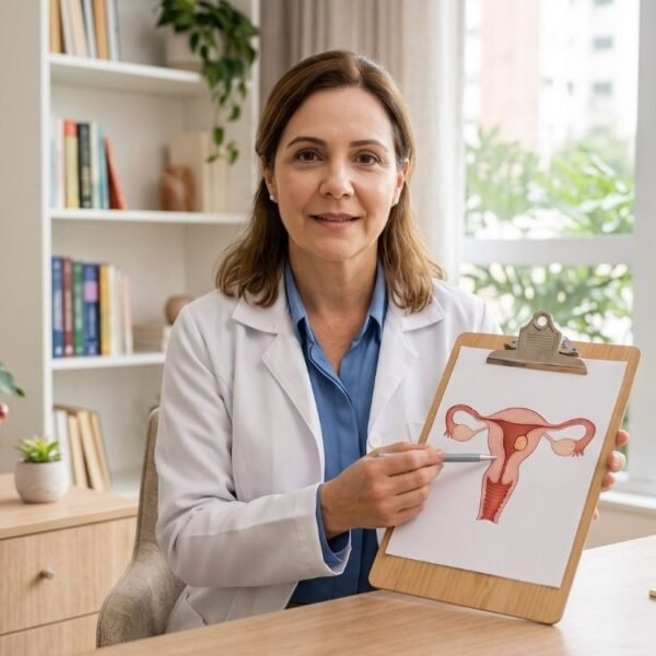 médica mostrando pólipo uterino na menopausa em seu consultorio