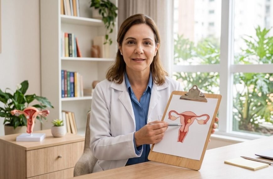médica mostrando pólipo uterino na menopausa em seu consultorio