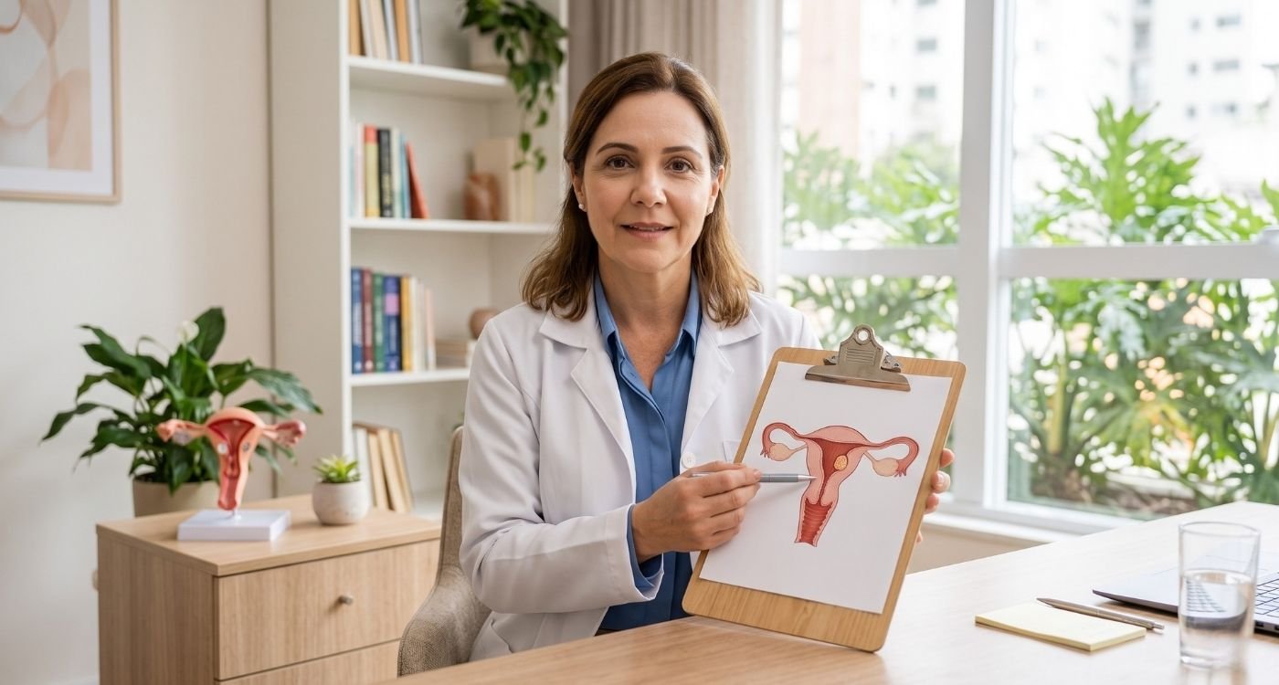 médica mostrando pólipo uterino na menopausa em seu consultorio
