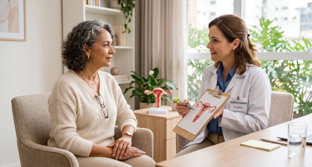 Mulher madura em consulta ginecológica, sentada em um consultório claro e acolhedor, enquanto uma médica explica com um tablet a ilustração do aparelho reprodutivo feminino e aponta para um pólipo uterino na menopausa