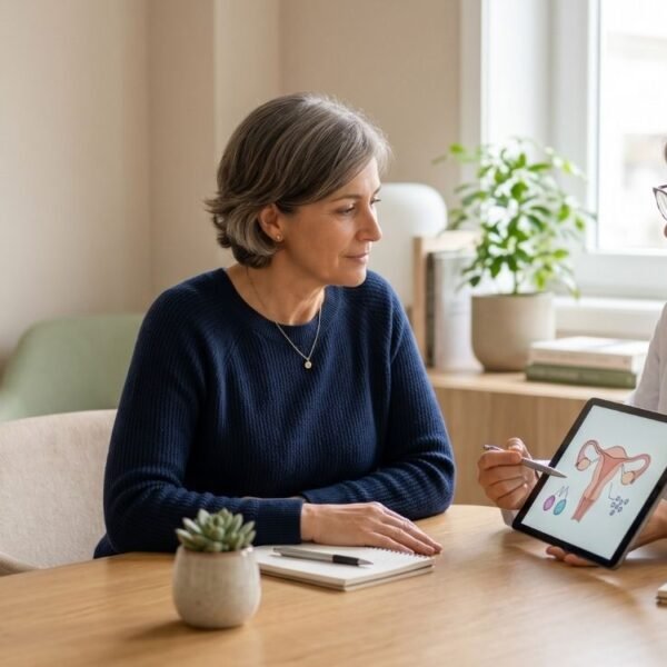 Mulher em consulta médica conversando sobre progesterona na menopausa.