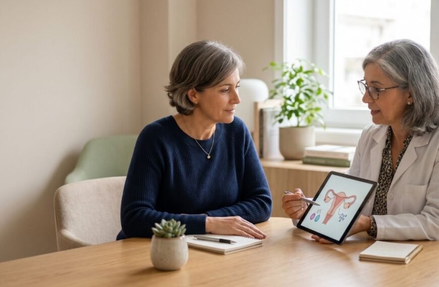 Mulher em consulta médica conversando sobre progesterona na menopausa.