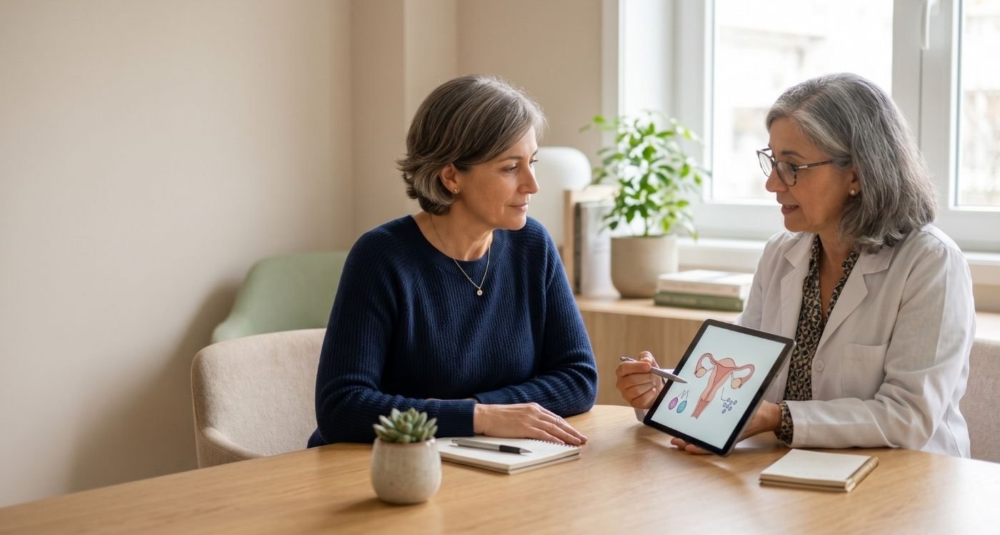 Mulher em consulta médica conversando sobre progesterona na menopausa.