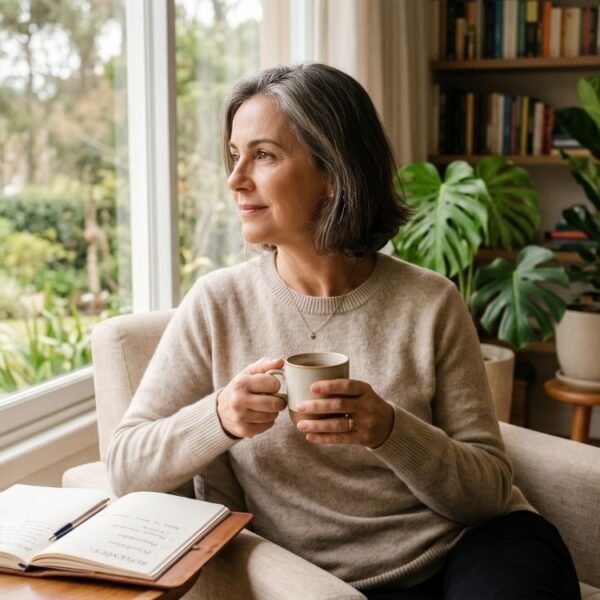 Mulher madura refletindo em casa com expressão serena, representando propósito na menopausa e revisão de prioridades no climatério.