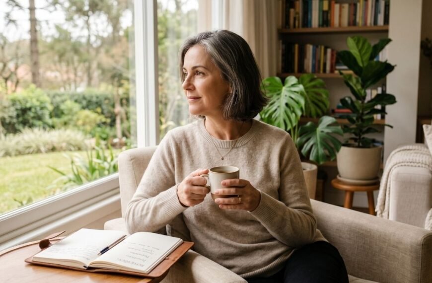 Mulher madura refletindo em casa com expressão serena, representando propósito na menopausa e revisão de prioridades no climatério.