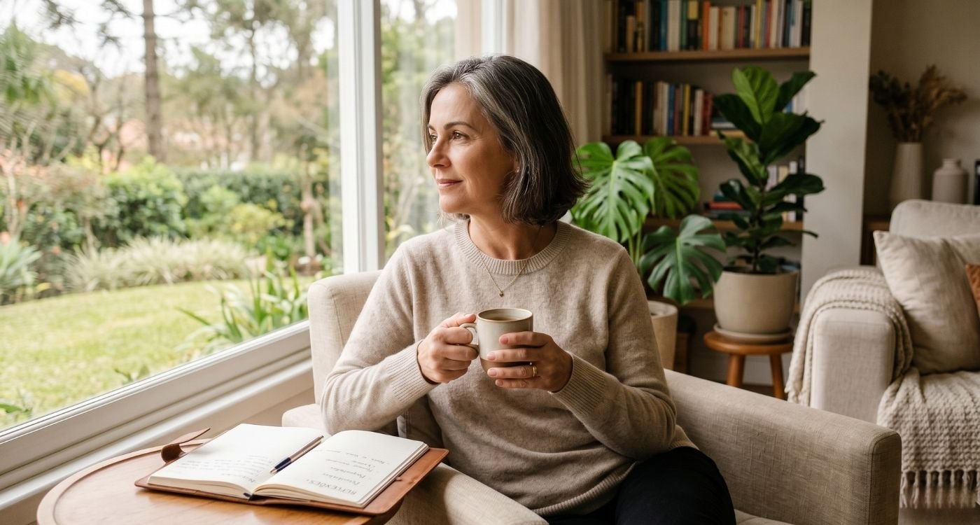 Mulher madura refletindo em casa com expressão serena, representando propósito na menopausa e revisão de prioridades no climatério.