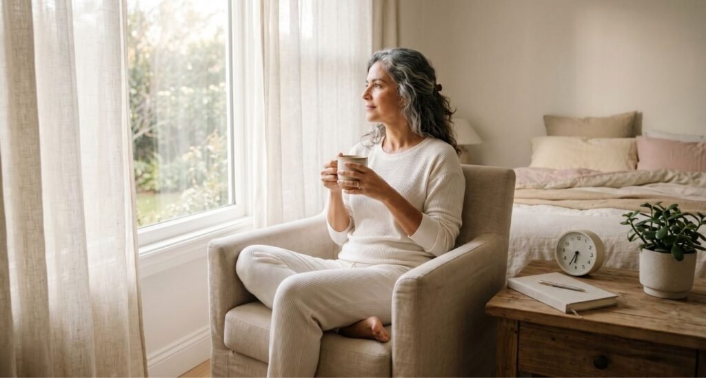 Mulher 45+ organizando a rotina para ajustar o ritmo circadiano na perimenopausa.