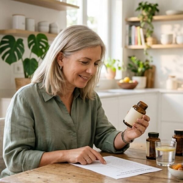 Mulher analisando suplementos na menopausa com exames e alimentos saudáveis sobre a mesa.