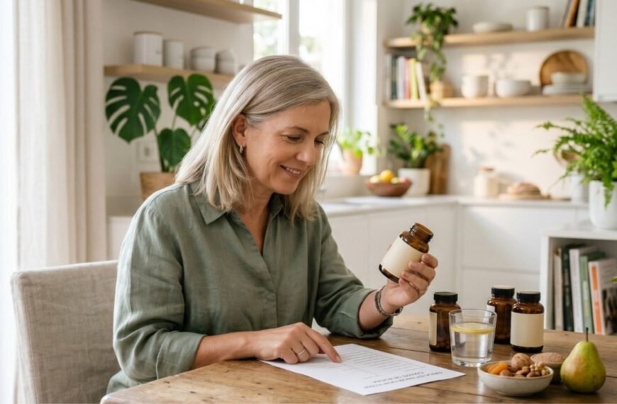 Mulher analisando suplementos na menopausa com exames e alimentos saudáveis sobre a mesa.