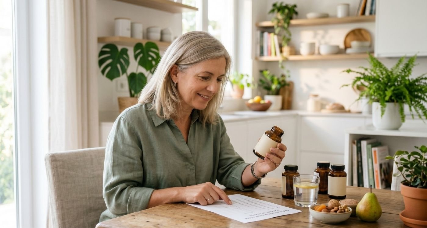 Mulher analisando suplementos na menopausa com exames e alimentos saudáveis sobre a mesa.