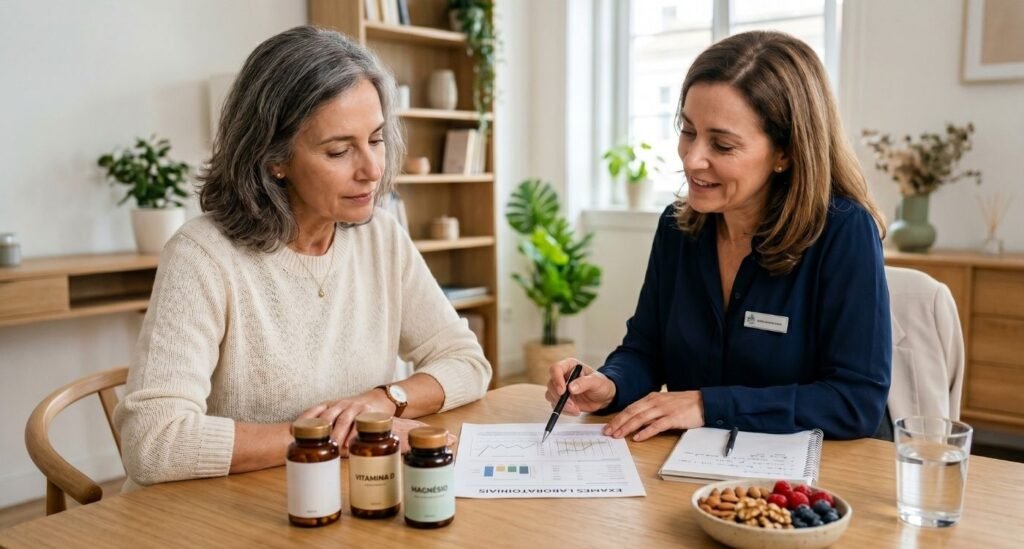 Mulher em consulta avaliando suplementos na menopausa com profissional de saúde, exames e frascos genéricos sobre a mesa.