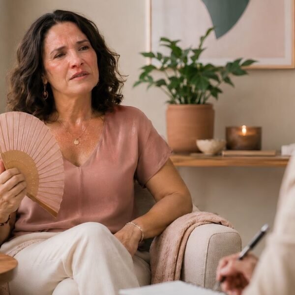 Mulher na perimenopausa em sessão acolhedora de terapia cognitiva para fogachos.