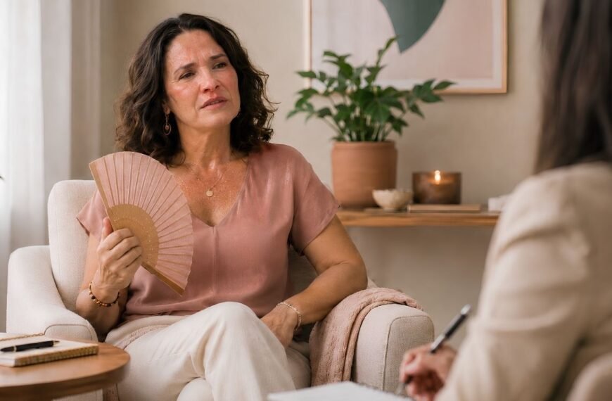 Mulher na perimenopausa em sessão acolhedora de terapia cognitiva para fogachos.