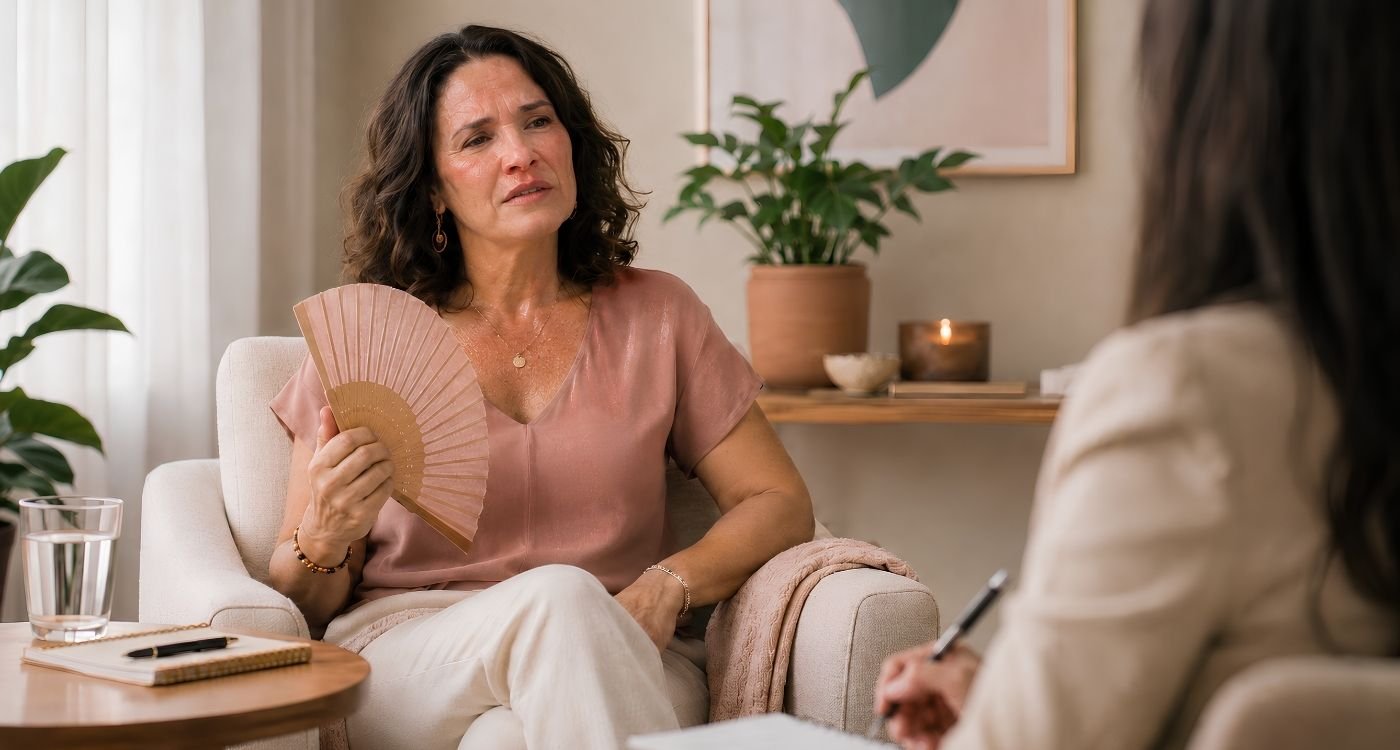 Mulher na perimenopausa em sessão acolhedora de terapia cognitiva para fogachos.