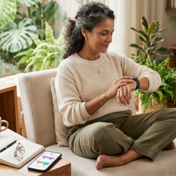 Mulher 40+ usando relógio inteligente para acompanhar dados de autocuidado sobre wearables na menopausa.
