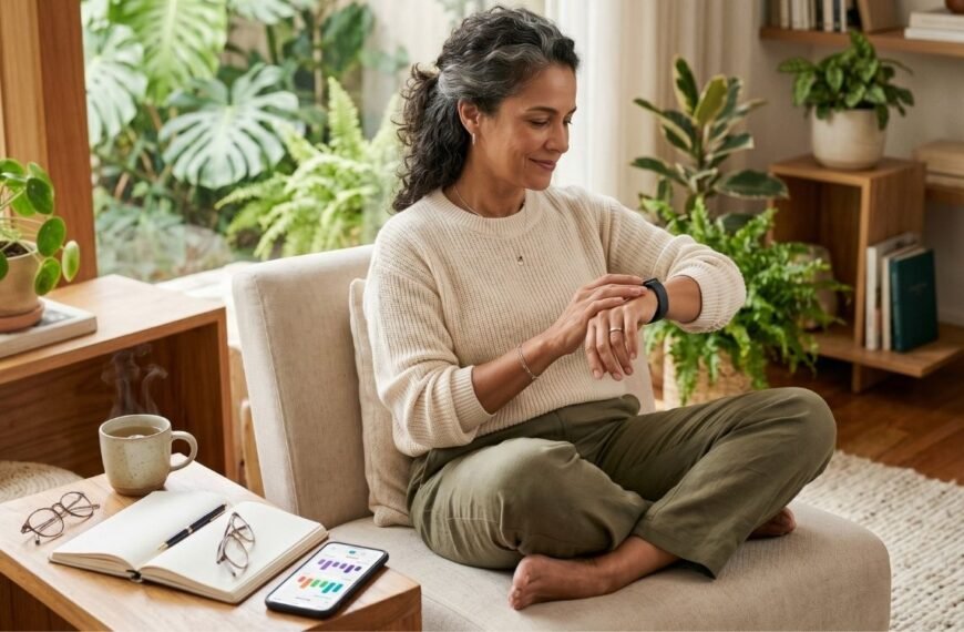 Mulher 40+ usando relógio inteligente para acompanhar dados de autocuidado sobre wearables na menopausa.