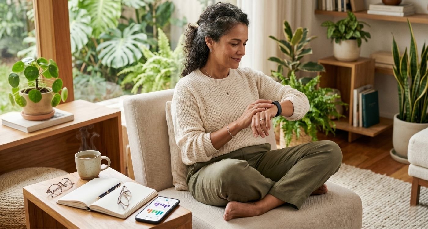 Mulher 40+ usando relógio inteligente para acompanhar dados de autocuidado sobre wearables na menopausa.