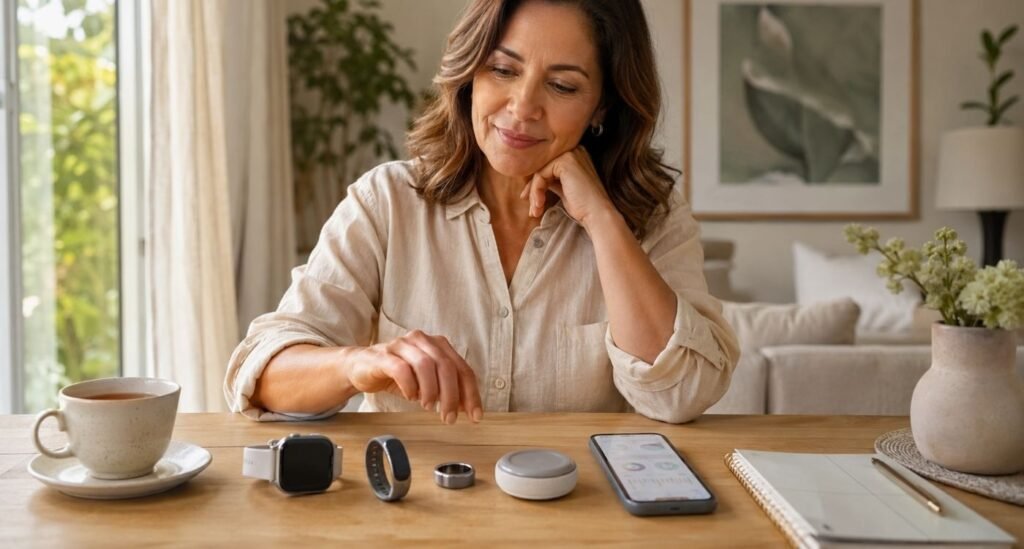 Mulher 45+ observando diferentes dispositivos de wearables na menopausa sobre uma mesa, em ambiente doméstico acolhedor.