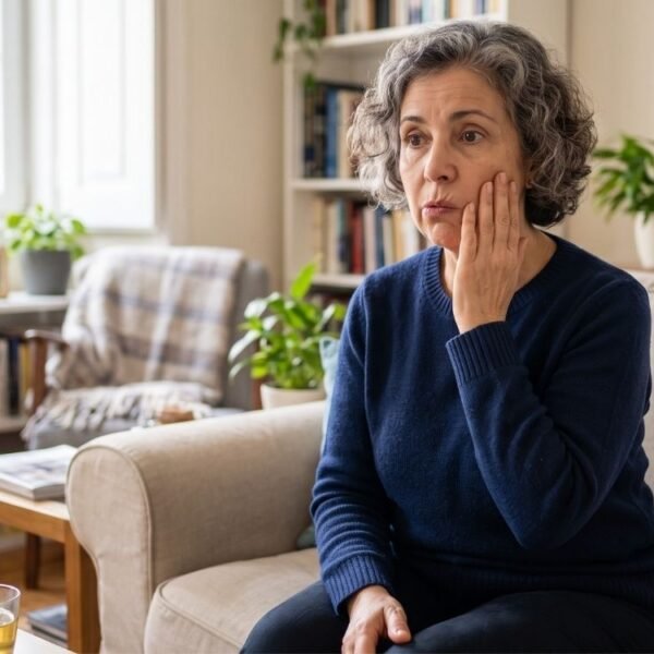 Mulher 50+ preocupada ao perceber sinais de AVC na menopausa em casa, representando alerta, prevenção e cuidado com a saúde feminina.