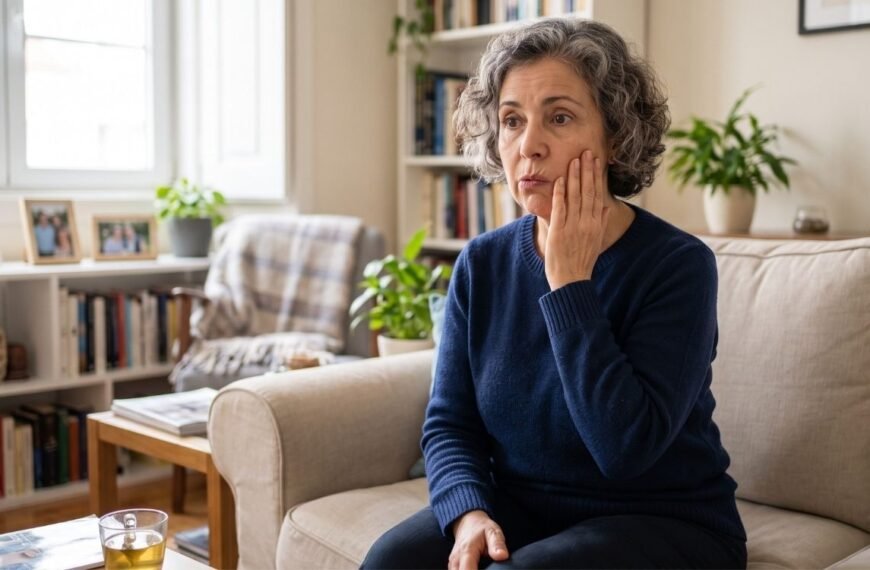 Mulher 50+ preocupada ao perceber sinais de AVC na menopausa em casa, representando alerta, prevenção e cuidado com a saúde feminina.
