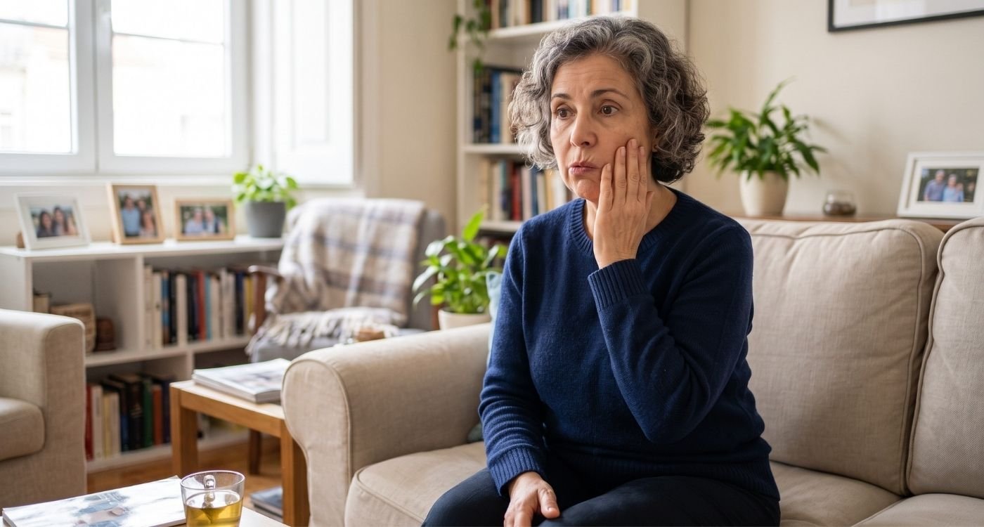 Mulher 50+ preocupada ao perceber sinais de AVC na menopausa em casa, representando alerta, prevenção e cuidado com a saúde feminina.
