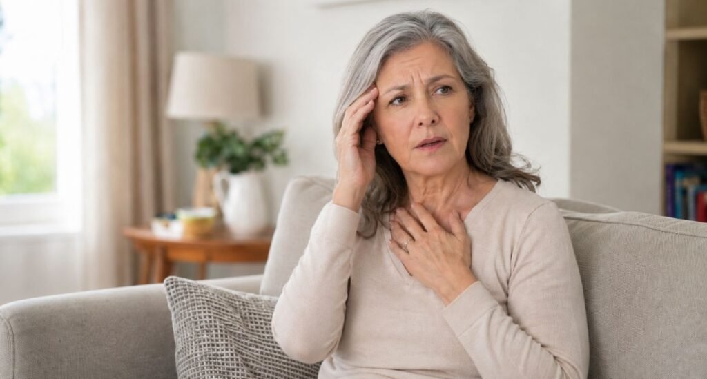 Mulher 50+ preocupada ao perceber sinais de AVC na menopausa em casa, representando alerta, prevenção e cuidado com a saúde feminina.