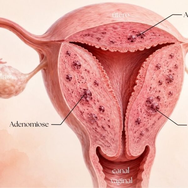 um útero com adenomiose na perimenopausa, mostrada em corte transversal ou semiaberto