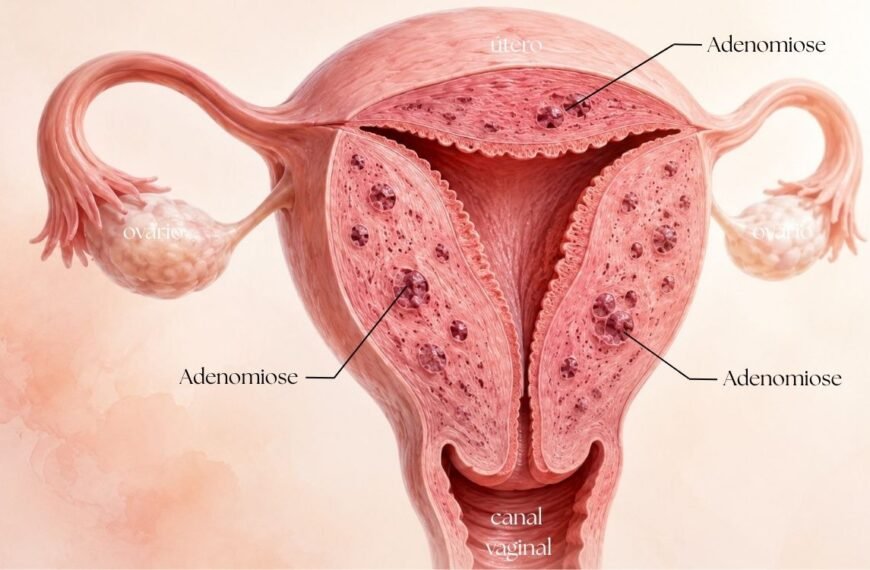 um útero com adenomiose na perimenopausa, mostrada em corte transversal ou semiaberto
