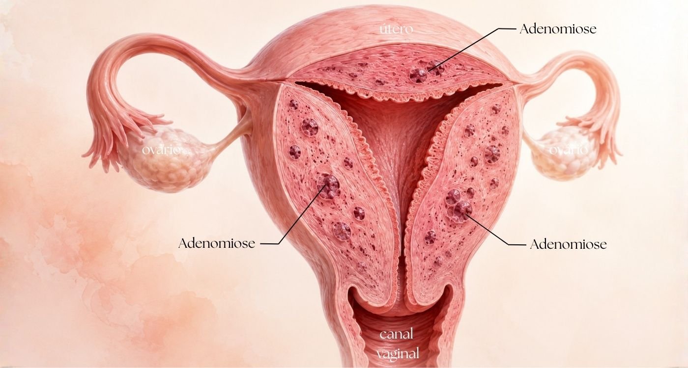 um útero com adenomiose na perimenopausa, mostrada em corte transversal ou semiaberto