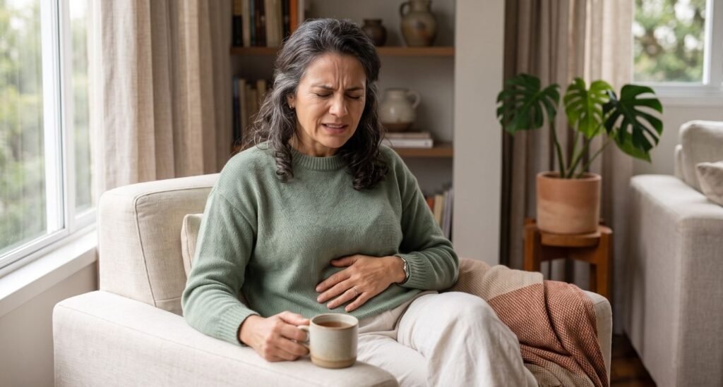 mulher 40+ sofrendo com dores por conta da adenomiose na perimenopausa.